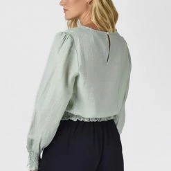 Among The Brave Fashion Pure Sage Crinkle LS Puff Sleeve Shirred Hem Top