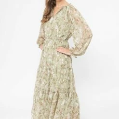 Seeking Lola Fashion Magical Sage Floral LS Tiered Maxi Dress