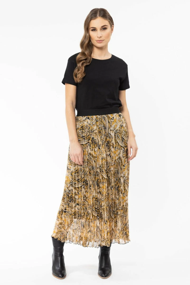Billie The Label Sunray Golden Paisley Pleated Midi Skirt Fashion