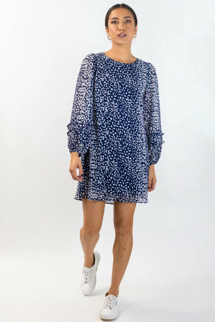 Among The Brave Fashion Poppy Navy Animal LS Double Frill Balloon Sleeve Mini Shift Dress
