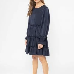 Seeking Lola Claire Navy Satin LS Tiered Mini Dress