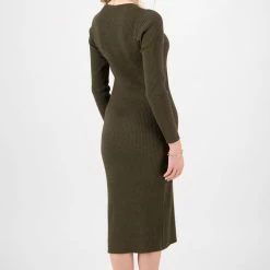 Ivy + Jack Fashion Dynamic Khaki Marle LS Rib Knit Crew Neck Midi Dress