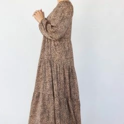 Ivy + Jack Gigi Tan Mini Satin Leopard Blouson LS Tiered Maxi Dress