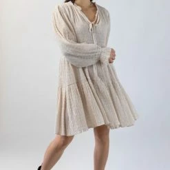 Ivy + Jack Billie Ecru Shirred LS Frill V Neck Tiered Mini Dress