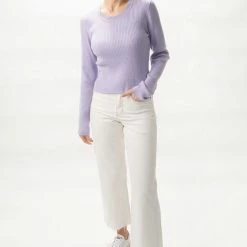 Among The Brave Fashion Inspired Lilac LS Rib Knit Cropped Crew Neck Top