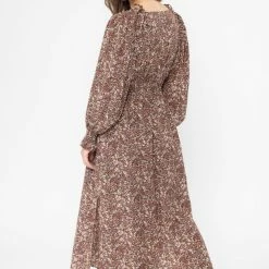 Billie The Label Skilful Brown Floral Shirred Waist LS Maxi Dress