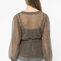 Billie The Label Big Love Black Ditsy LS V Neck Tie Waist Top