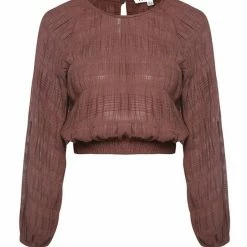 Ivy + Jack Carly Cocoa Shirred Cotton LS Raglan Elastic Hem Crop Top