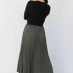 Ivy + Jack Fashion Radiant Khaki Washer Satin Pleated Midi Skirt
