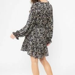 Seeking Lola Inspire Black Floral LS Frill Hem Shift Dress