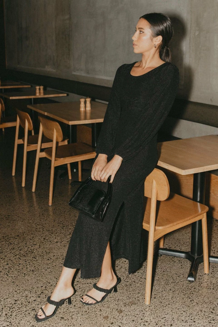 Among The Brave New Moon Black Shimmer LS Puff Sleeve Ring Midi Dress