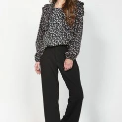 Leo + Be Flurry Black Print Puff Shoulder Top Fashion
