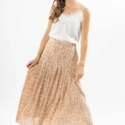 Leila + Luca Courageous Nude Floral Pleated Midi Skirt