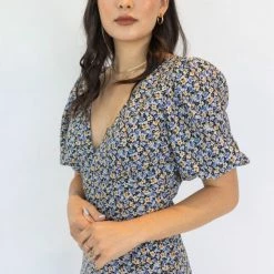 Among The Brave Amora Periwinkle Blue Floral SS Puff Sleeve Panel Bodice Bias Maxi Slip Dress