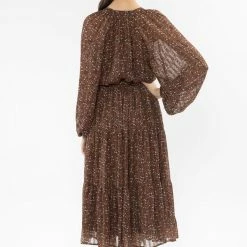 Billie The Label Vivacious Brown Floral Mid Sleeve V Neck Tiered Midi Dress