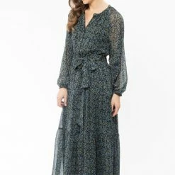 Billie The Label Admiration Blue Floral Textured LS Tie Waist Midi Dress