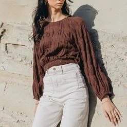 Ivy + Jack Carly Cocoa Shirred Cotton LS Raglan Elastic Hem Crop Top