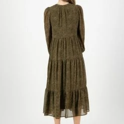 Ivy + Jack Fashion Kendall Khaki Ditsy Blouson LS V Neck Tiered Midi Dress