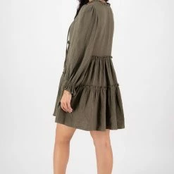 Ivy + Jack Billie Khaki Cotton LS Frill V Neck Tiered Mini Dress