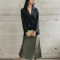 Ivy + Jack Fashion Ivy Khaki Washer Satin Midi Bias Skirt