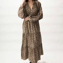 Among The Brave Aida Natural Animal LS Puff Sleeve Button Front Tiered Maxi Dress Fashion
