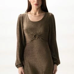 Among The Brave New Moon Gold Shimmer LS Puff Sleeve Ring Midi Dress Fashion