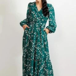 Drama The Label Tracey Green Tea Floral LS Wrap Midi Dress