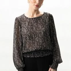 Among The Brave Pure Black Ditsy Fleck Puff Sleeve Shirred Blouse