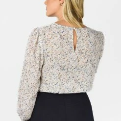 Among The Brave Fashion Pure Ivory Ditsy Botanic LS Georgette Puff Sleeve Shirred Hem Top