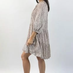 Among The Brave Gemini Chocolate Ditsy Animal Puff Mid Sleeve Button Front Tiered Mini Dress Fashion