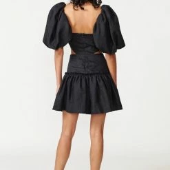 Aureta Ada Black Balloon Sleeve Cut Out Waist Dress