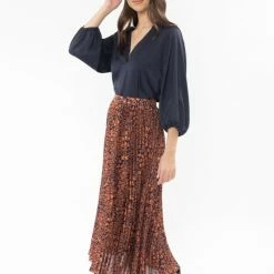 Leila + Luca Enticing Navy Bronze Leopard Pleated Midi Skirt