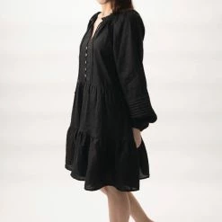 Among The Brave Fashion Zodiac Black Linen LS Pin Tuck Balloon Sleeve Tiered Mini Dress