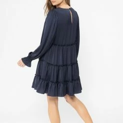 Seeking Lola Claire Navy Satin LS Tiered Mini Dress