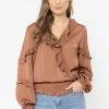 Seeking Lola Plentiful Rust Satin Frill V Neck LS Top Fashion