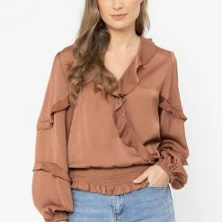 Seeking Lola Plentiful Rust Satin Frill V Neck LS Top Fashion