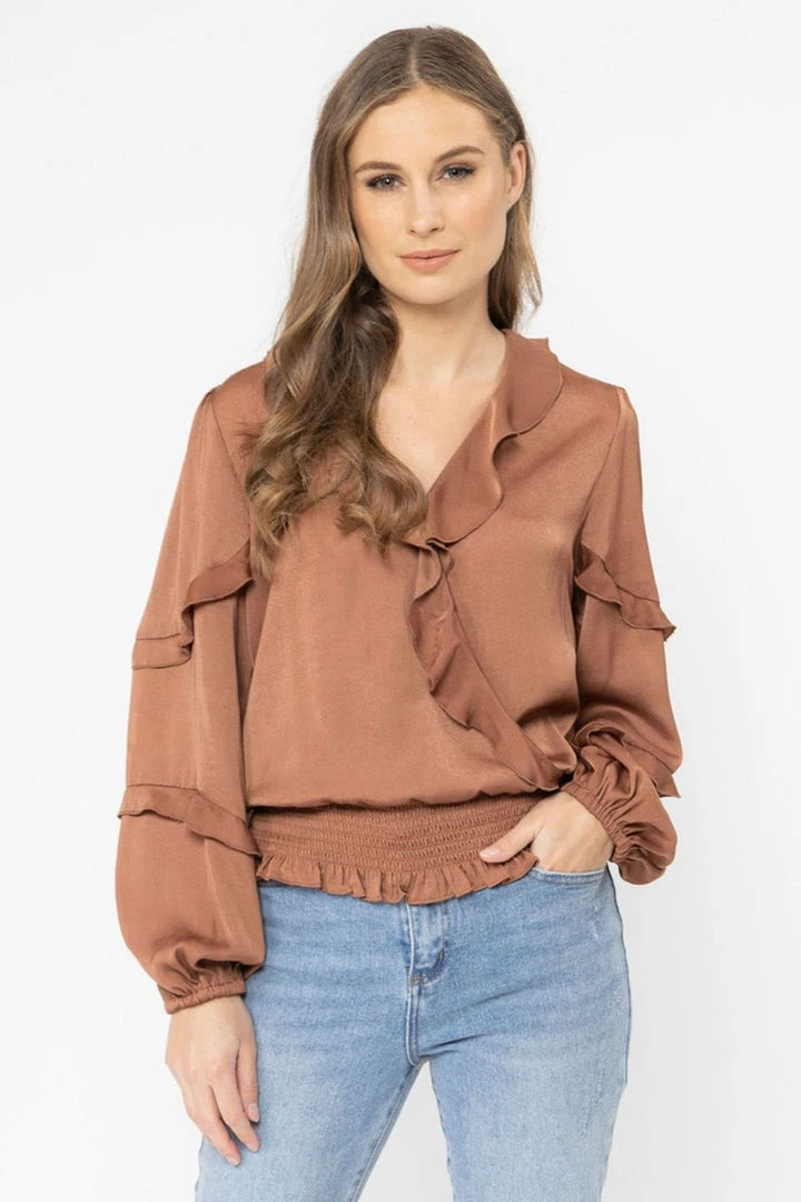 Seeking Lola Plentiful Rust Satin Frill V Neck LS Top Fashion