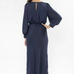Leila + Luca Fashion Whimsical Navy Satin Tie Waist LS Maxi Dress