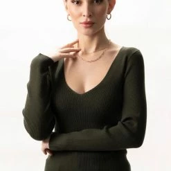 Among The Brave Desire Dark Khaki LS V Neck Rib Knit Top