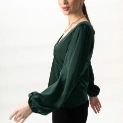 Among The Brave Bailey Forest Satin LS Balloon Sleeve Panel Bodice Bias Top Fashion