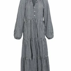 Among The Brave Aida Black Gingham LS Puff Sleeve Button Front Tiered Maxi Dress