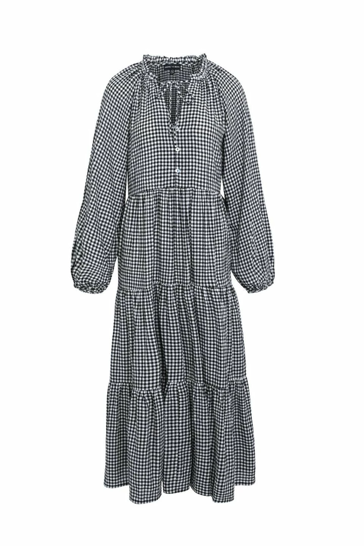 Among The Brave Aida Black Gingham LS Puff Sleeve Button Front Tiered Maxi Dress