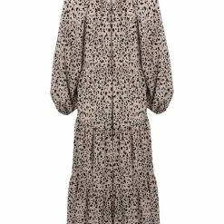 Among The Brave Aida Natural Animal LS Puff Sleeve Button Front Tiered Maxi Dress Fashion