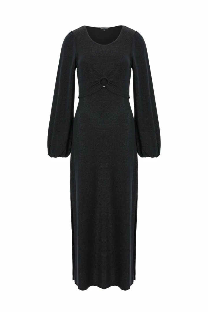 Among The Brave New Moon Black Shimmer LS Puff Sleeve Ring Midi Dress