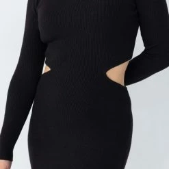 Among The Brave Fashion Angelica Black Cut Out Boat Neck LS Rib Knit Midi Dress