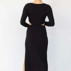 Among The Brave Fashion Angelica Black Cut Out Boat Neck LS Rib Knit Midi Dress