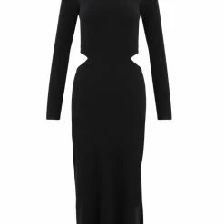 Among The Brave Fashion Angelica Black Cut Out Boat Neck LS Rib Knit Midi Dress