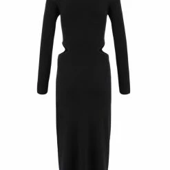 Among The Brave Fashion Angelica Black Cut Out Boat Neck LS Rib Knit Midi Dress
