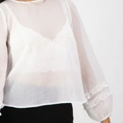 Among The Brave Fashion Ava Ivory Crinkle Shimmer Double Ruffle Puff Sleeve Top