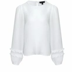 Among The Brave Fashion Ava Ivory Crinkle Shimmer Double Ruffle Puff Sleeve Top